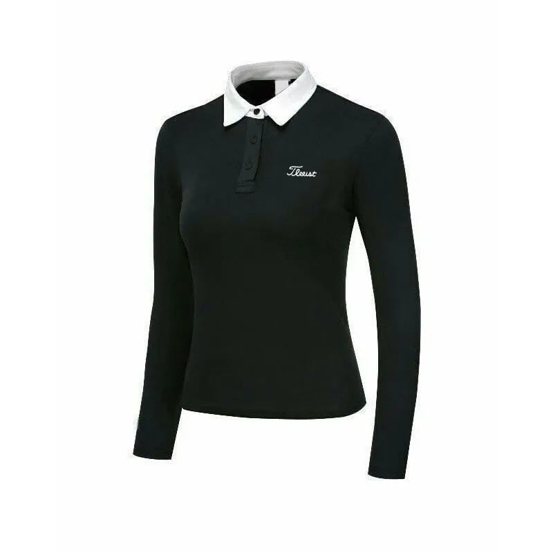 Women's white long sleeve golf top with slim sports cut for outdoor sun protection