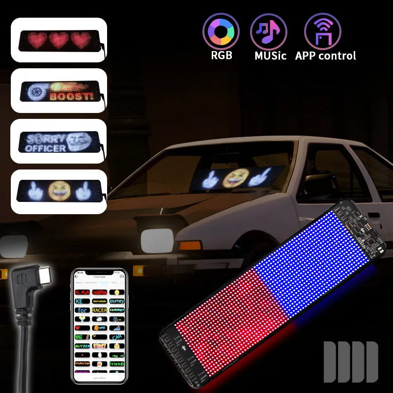 Black flexible LED screen for car rear windshield with Bluetooth control and adhesive backing.