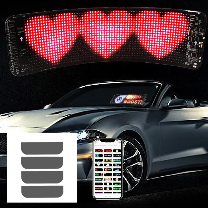 Black flexible LED screen for car rear windshield with Bluetooth control and adhesive backing.