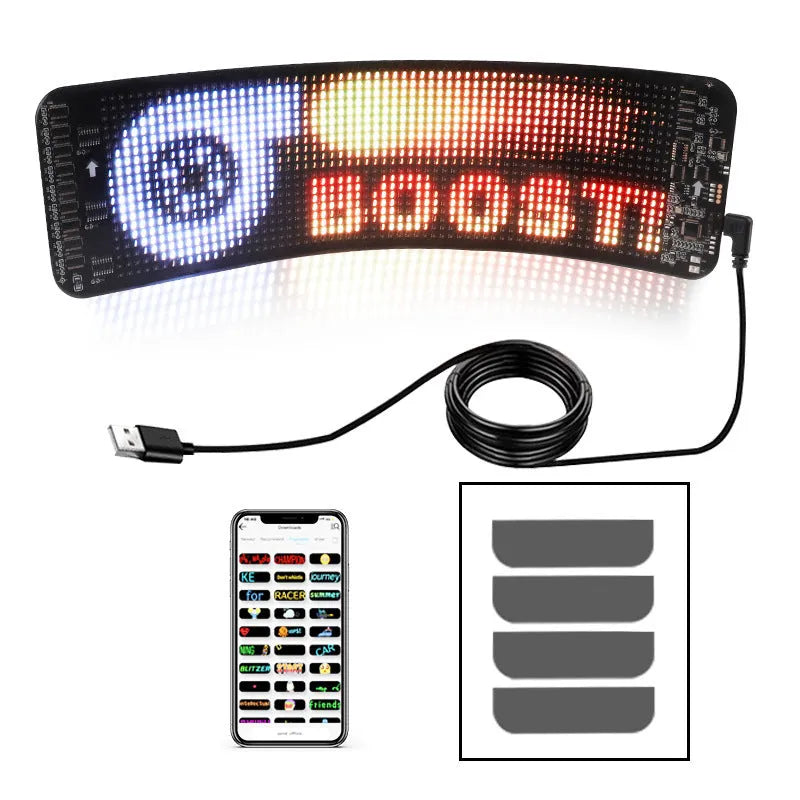 Black flexible LED screen for car rear windshield with Bluetooth control and adhesive backing.