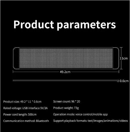 Black flexible LED screen for car rear windshield with Bluetooth control and adhesive backing.