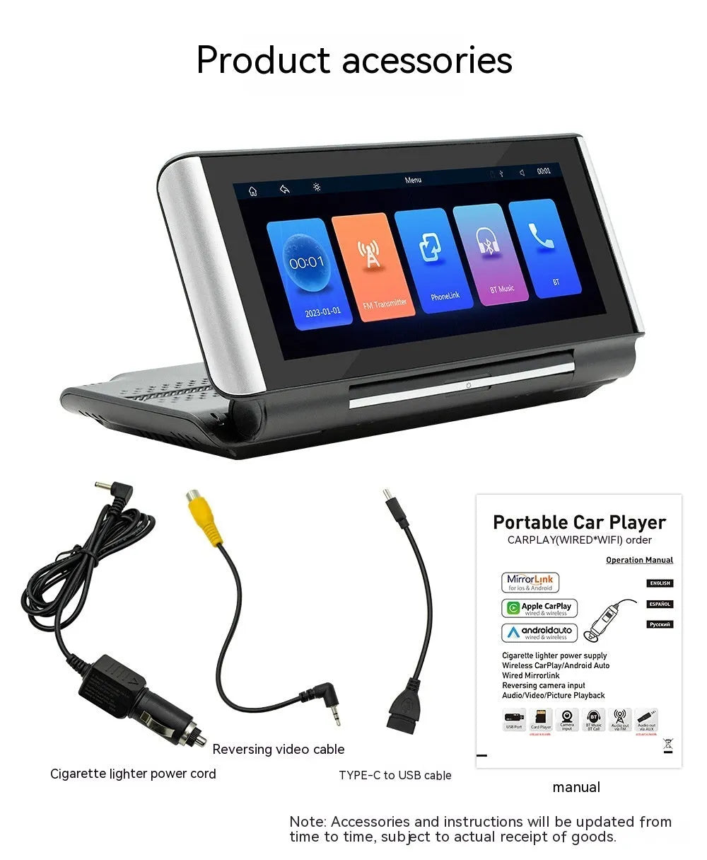 6.86 inch dashboard-mounted car MP5 player with wireless CarPlay on a black plastic unit.