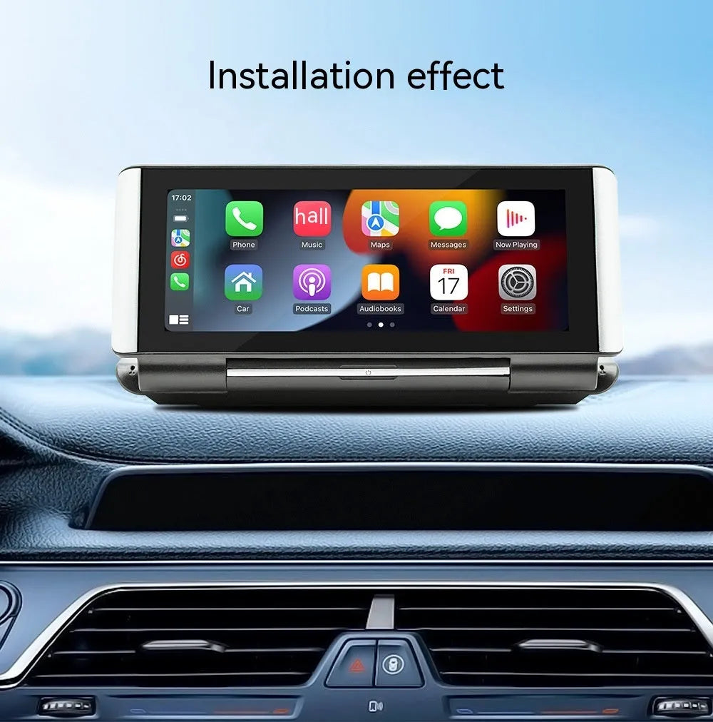 6.86 inch dashboard-mounted car MP5 player with wireless CarPlay on a black plastic unit.