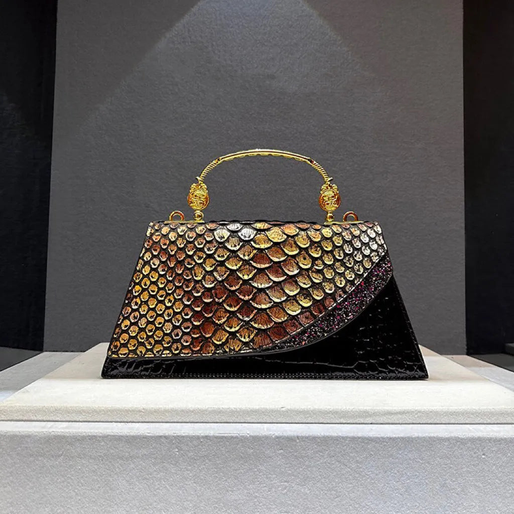 Genuine leather shoulder messenger bag in Black Gold contrast colour horizontal square shape with single strap