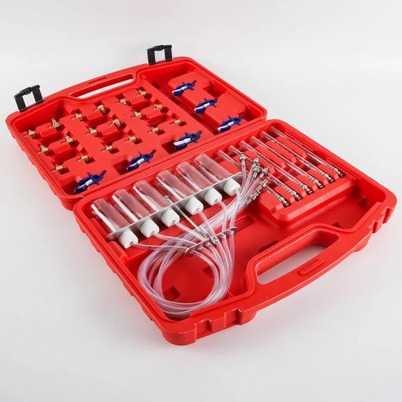 Brass and plastic fuel injection flow meter diagnostic tool for automotive fuel system testing