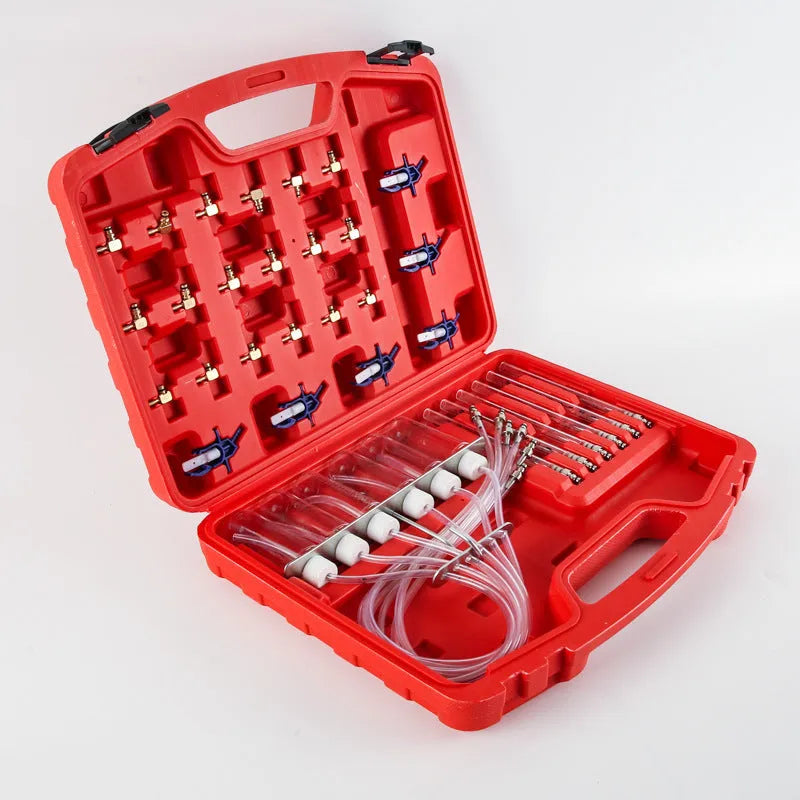 Brass and plastic fuel injection flow meter diagnostic tool for automotive fuel system testing