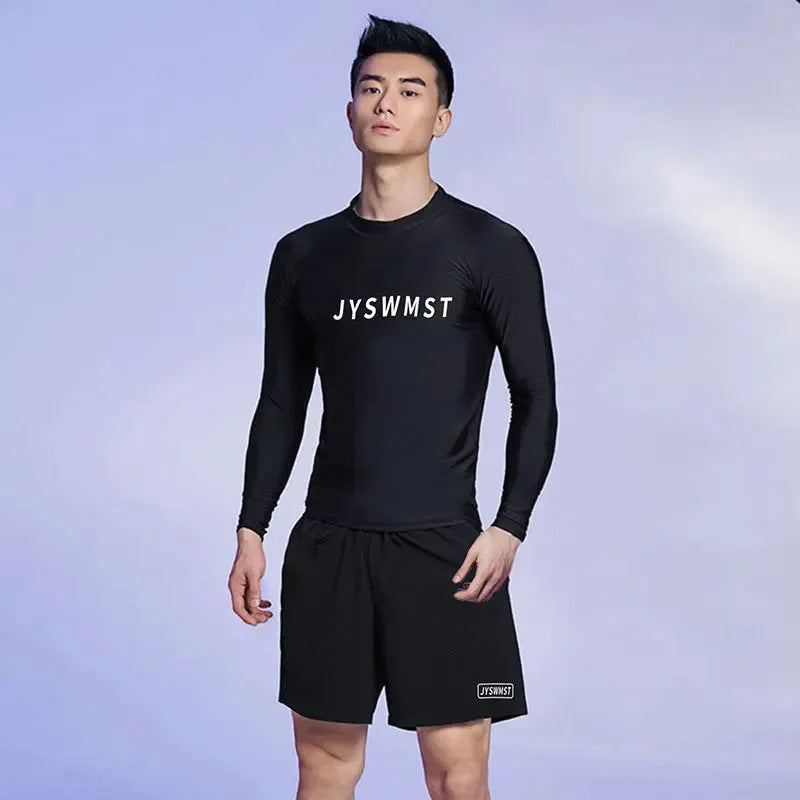 Men's patterned plus-size swim trunks with top and pants in polyester fabric