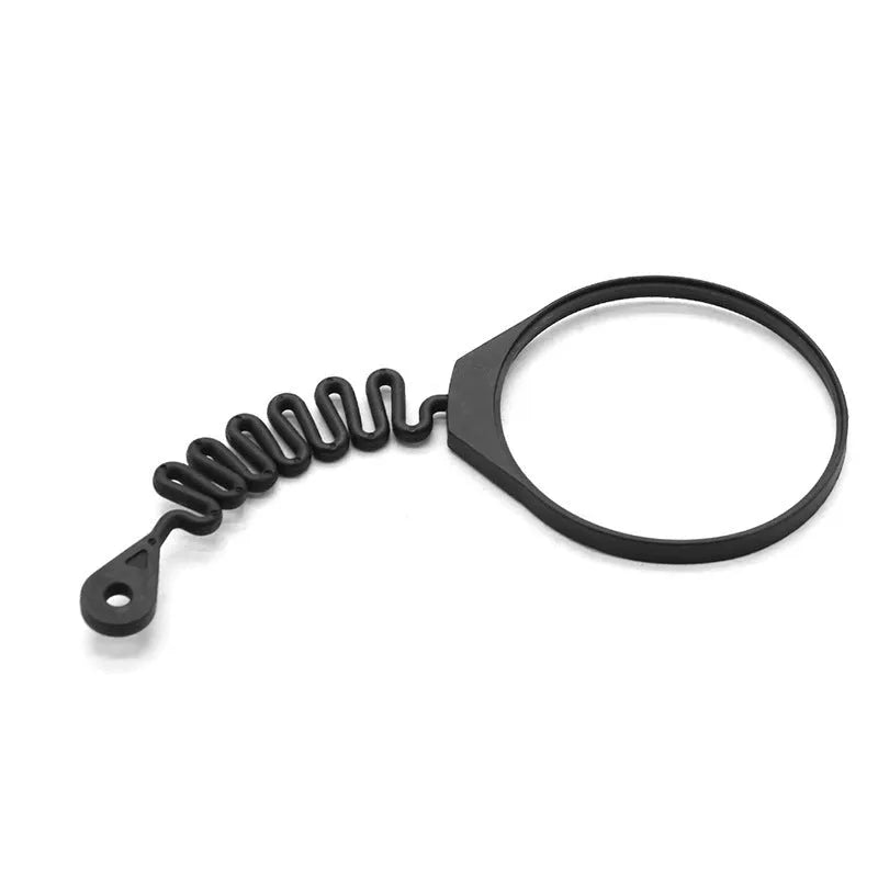 Black rubber fuel cap tether for Volvo cars, showing circle band and separate rope options.
