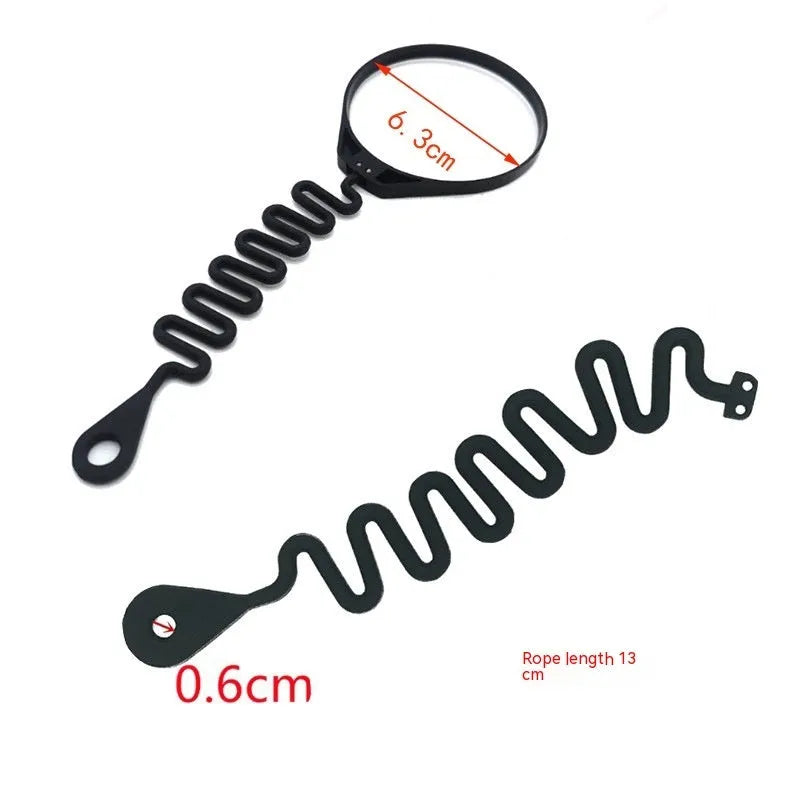 Black rubber fuel cap tether for Volvo cars, showing circle band and separate rope options.
