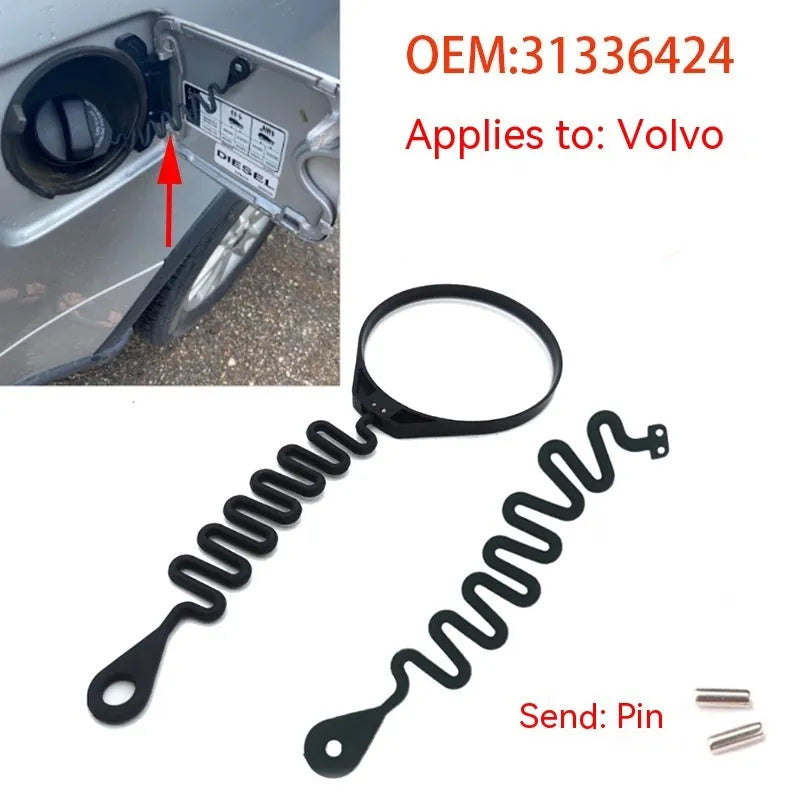 Black rubber fuel cap tether for Volvo cars, showing circle band and separate rope options.
