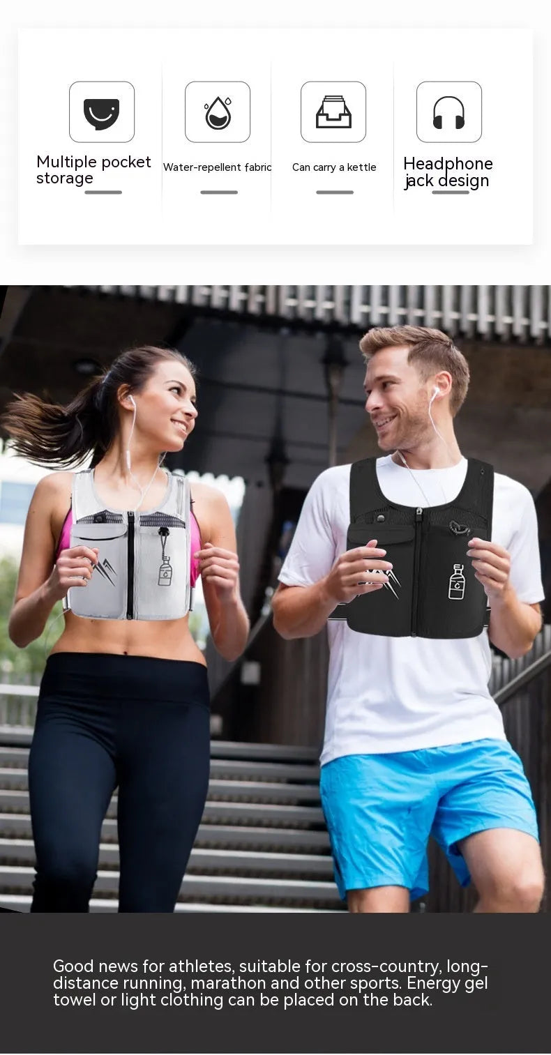 Black breathable mesh sports running vest with a front chest pocket for a mobile phone.