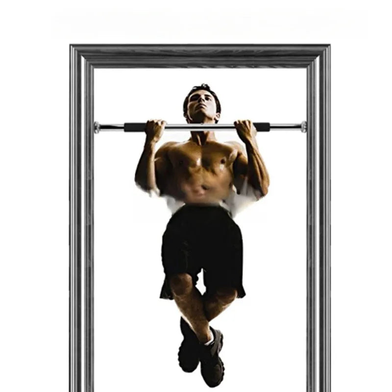 Steel adjustable pull-up bar extended in a home doorway for upper body workouts.