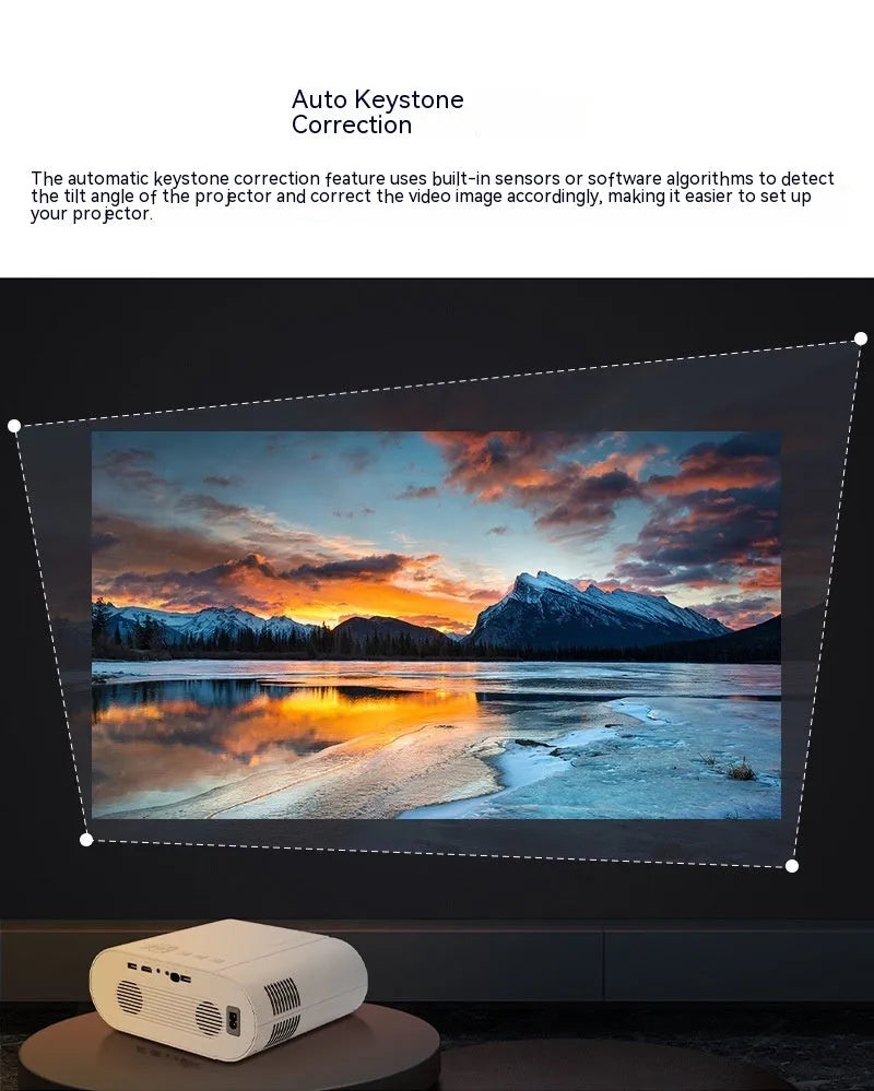 White T07 full HD smart projector with remote control showing 1080p resolution and 320 ANSI lumen brightness