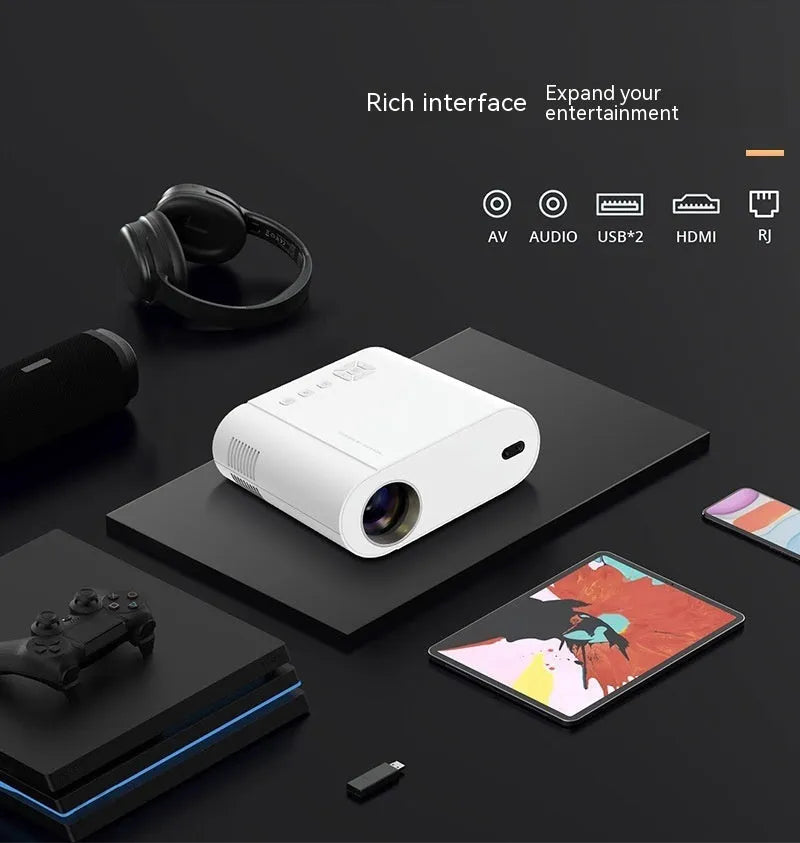 White T07 full HD smart projector with remote control showing 1080p resolution and 320 ANSI lumen brightness