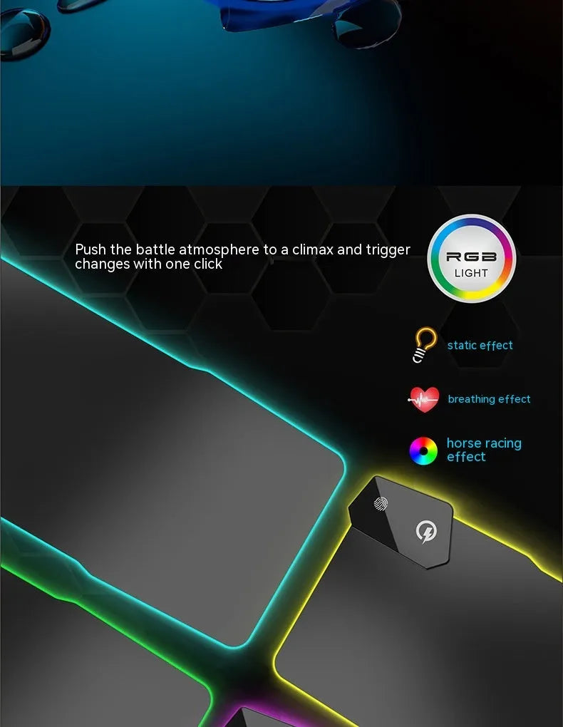 Black gaming mouse mat with mech-style graphics showing 300x800mm dimensions and TYPC interface