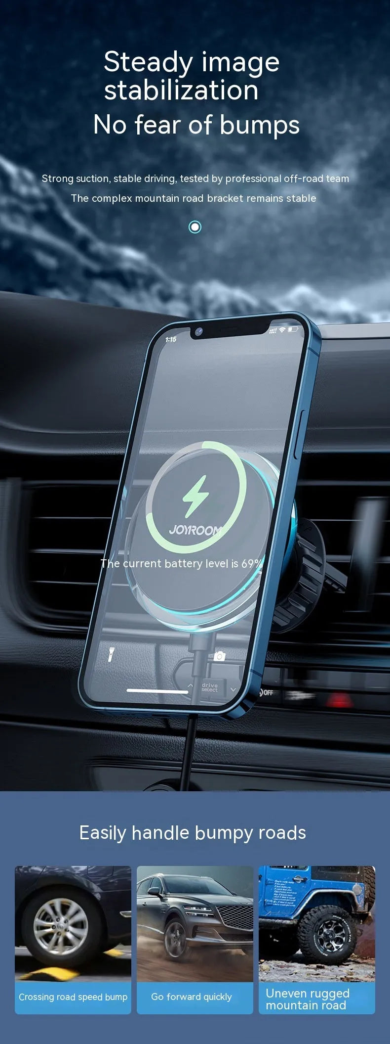 Black magnetic wireless car phone holder mounted on air vent with smartphone attached