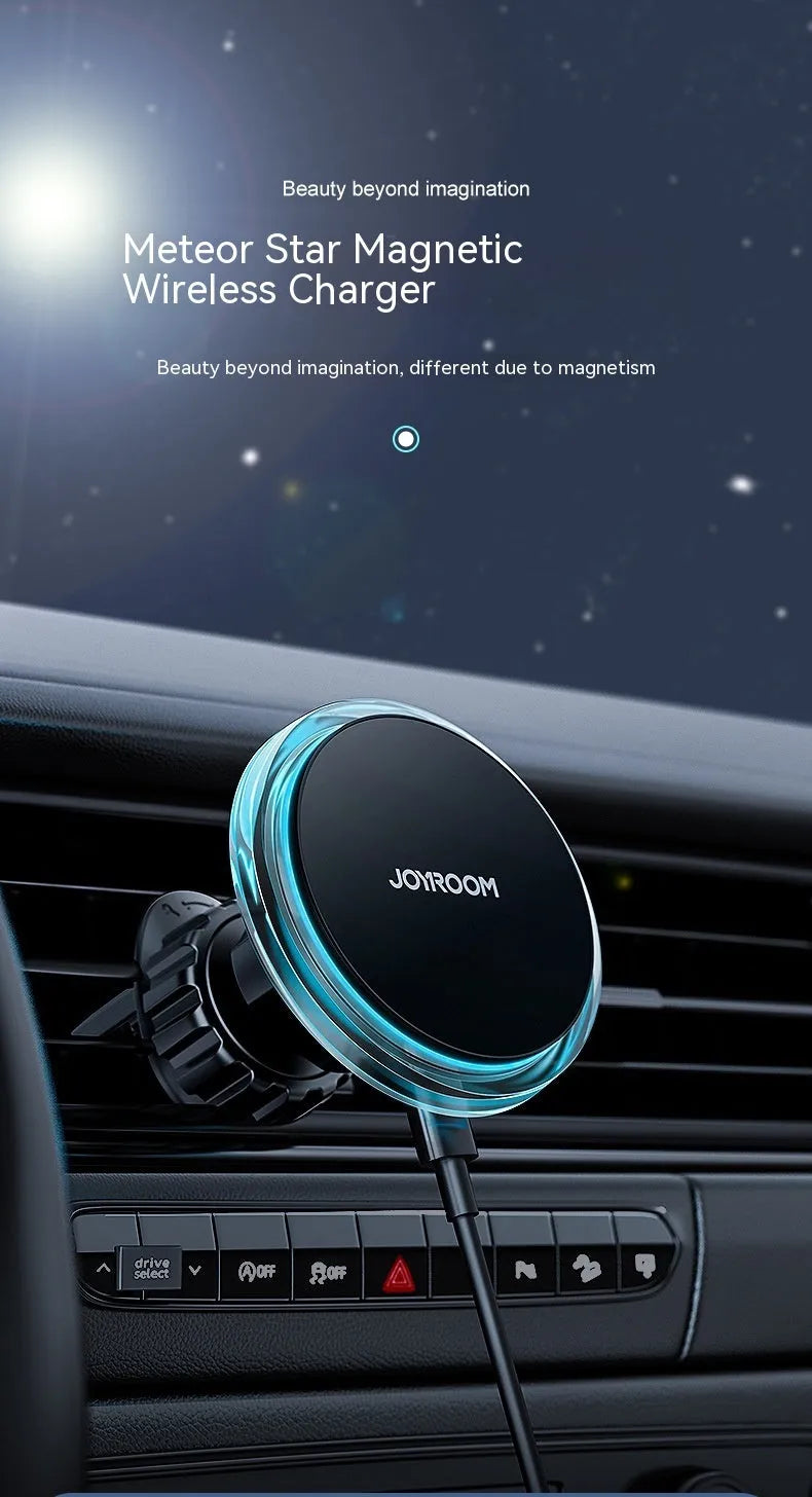 Black magnetic wireless car phone holder mounted on air vent with smartphone attached