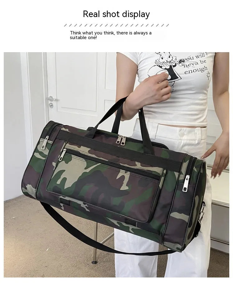 Camouflage patterned waterproof luggage bag with stripe lining, shown with capacity below 20 litres.