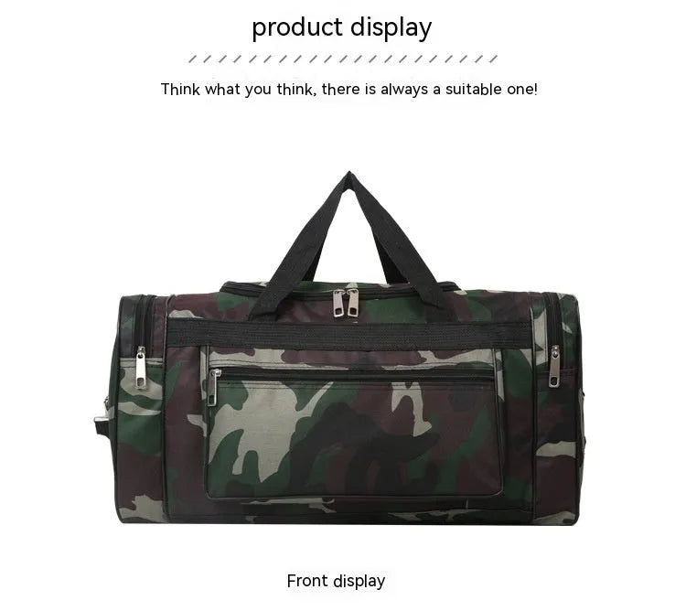 Camouflage patterned waterproof luggage bag with stripe lining, shown with capacity below 20 litres.