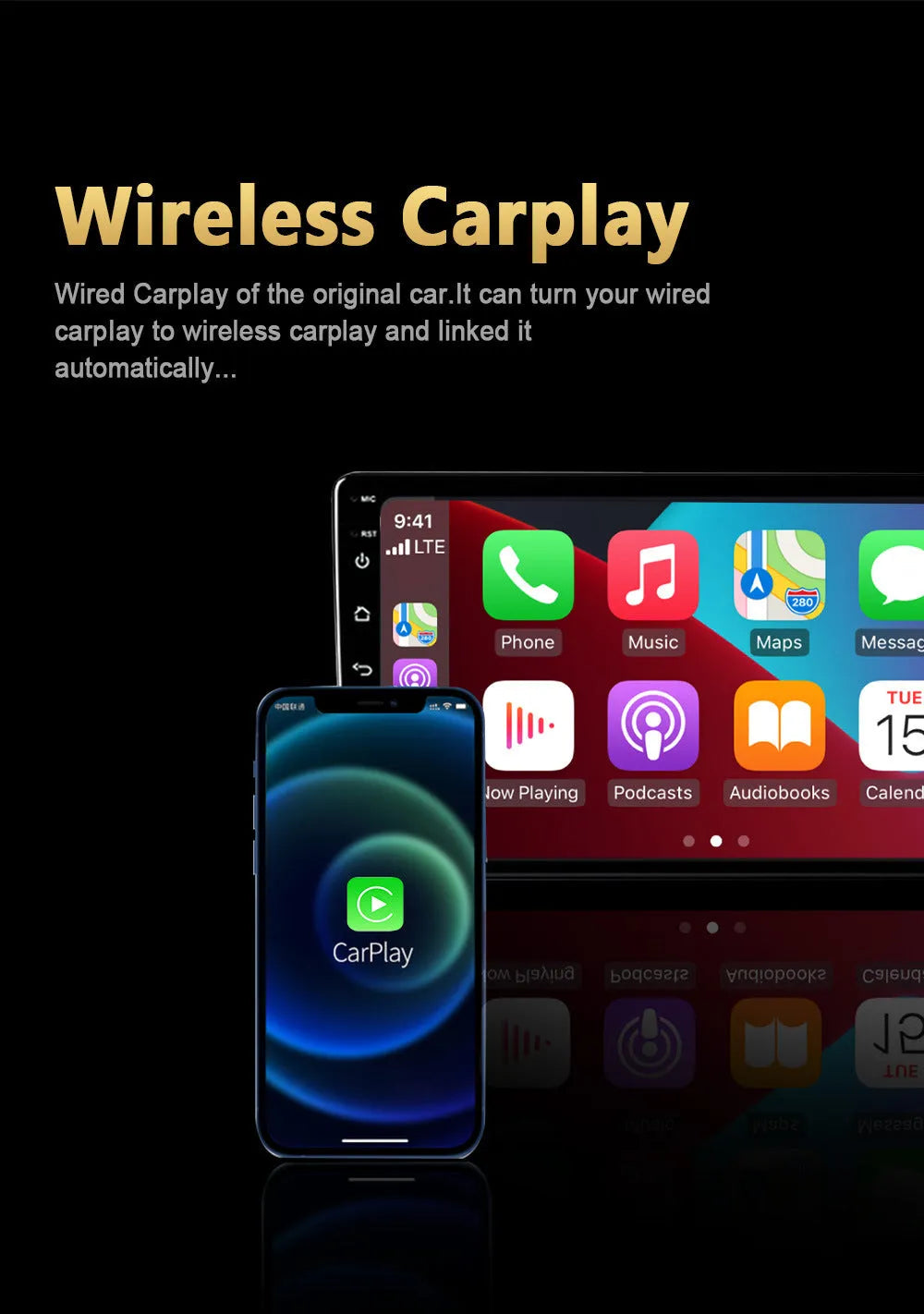 Black Carplay Box with 9-inch touch screen for Android 11 vehicle upgrade