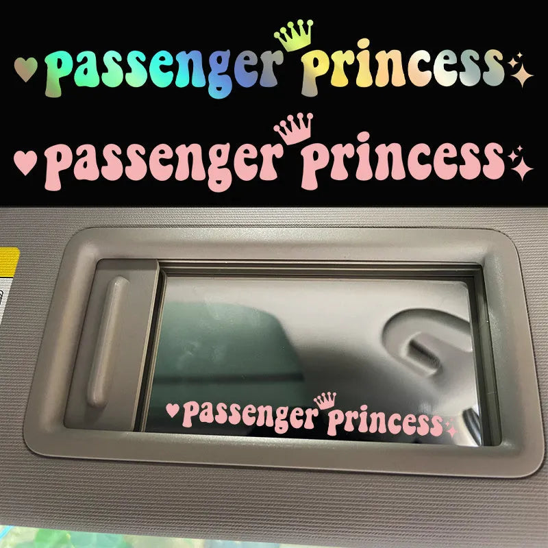 Passenger princess car rearview mirror sticker in black, white, laser, and pink colour options