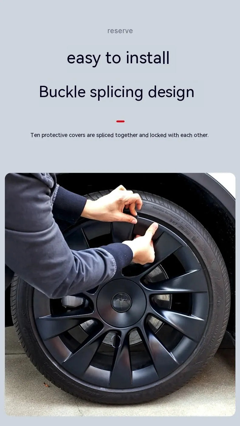 Set of four plastic wheel hub covers for a Tesla Model Y, showing colour options.