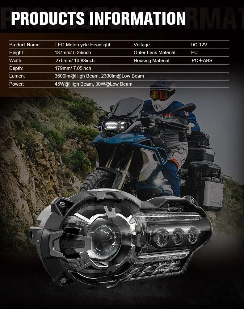Black LED motorcycle headlight unit showing front lens and shell, with scale showing dimensions.
