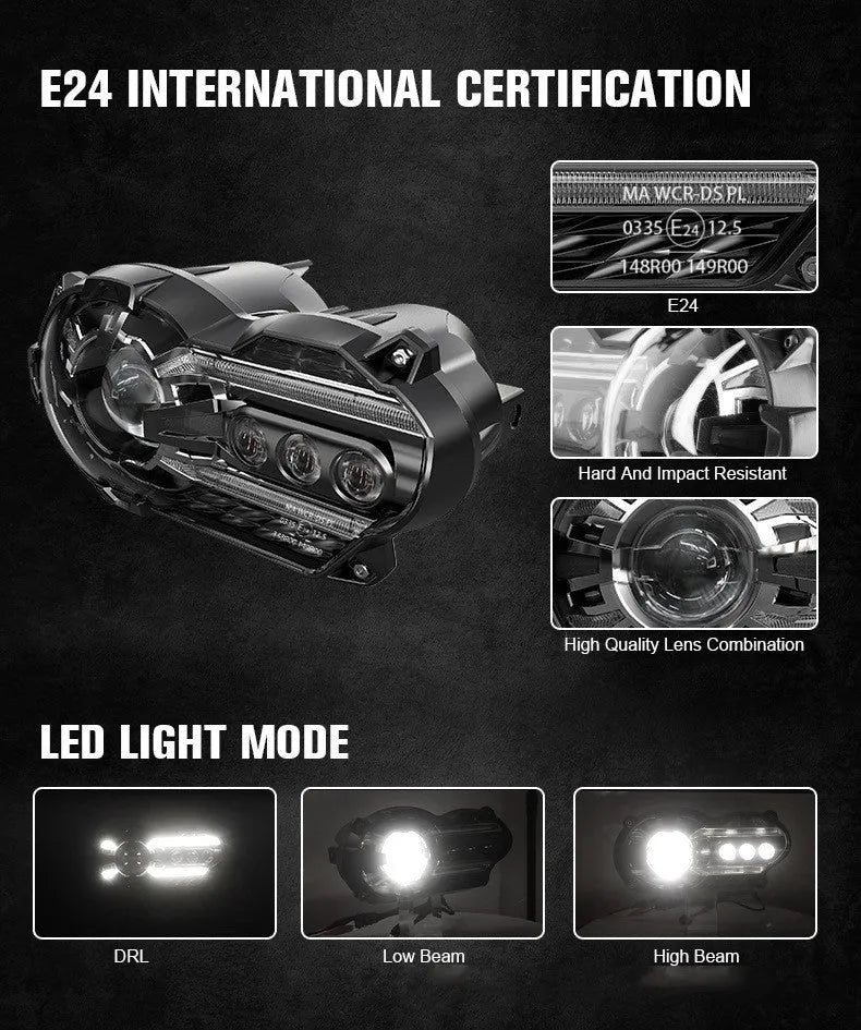 Black LED motorcycle headlight unit showing front lens and shell, with scale showing dimensions.