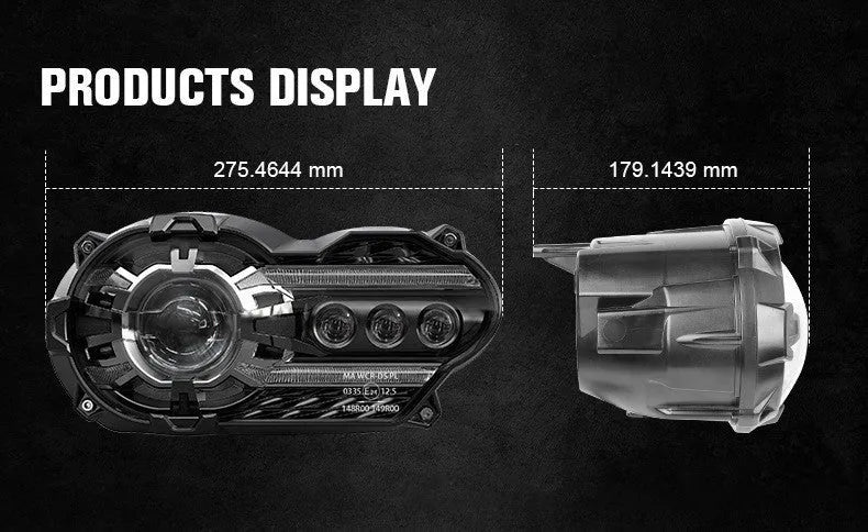 Black LED motorcycle headlight unit showing front lens and shell, with scale showing dimensions.