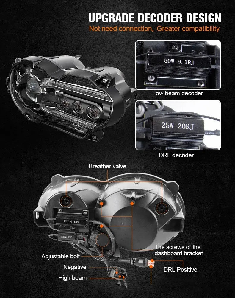 Black LED motorcycle headlight unit showing front lens and shell, with scale showing dimensions.