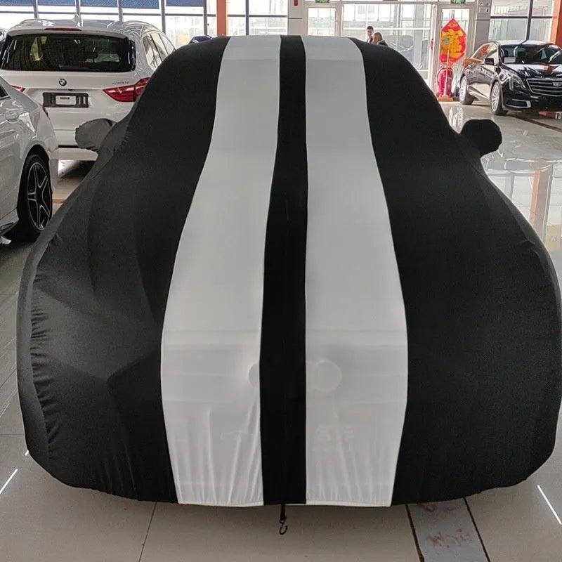 Elastic four-sided car seat cover for Ford Mustang in light grey colour, made from silk polyester fibre.