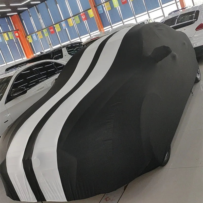 Elastic four-sided car seat cover for Ford Mustang in light grey colour, made from silk polyester fibre.