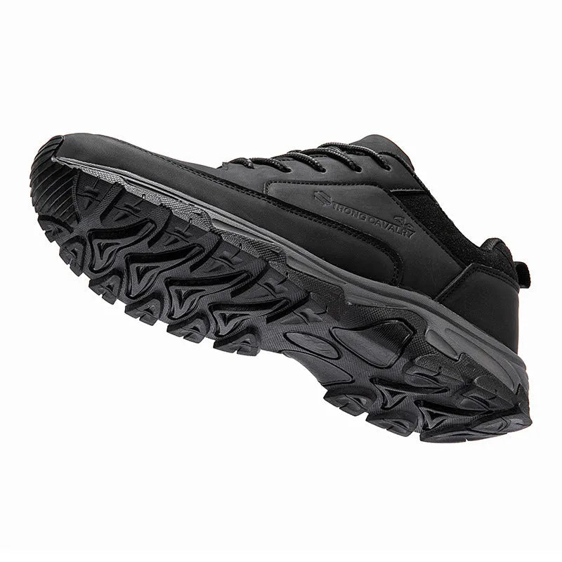 Men's black leather waterproof deodorant casual board shoes with front lace-up, side view