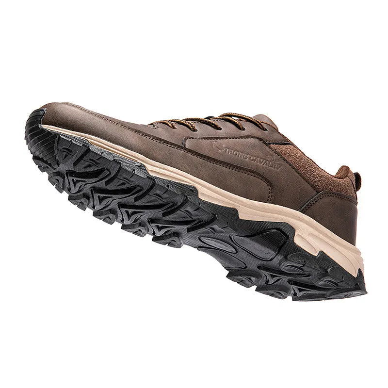 Men's black leather waterproof deodorant casual board shoes with front lace-up, side view