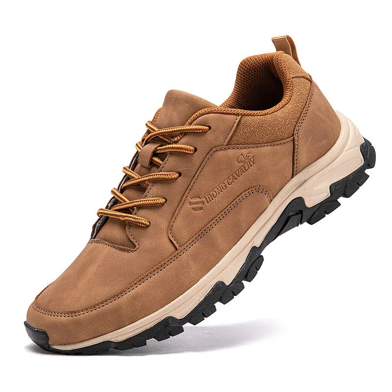 Men's black leather waterproof deodorant casual board shoes with front lace-up, side view
