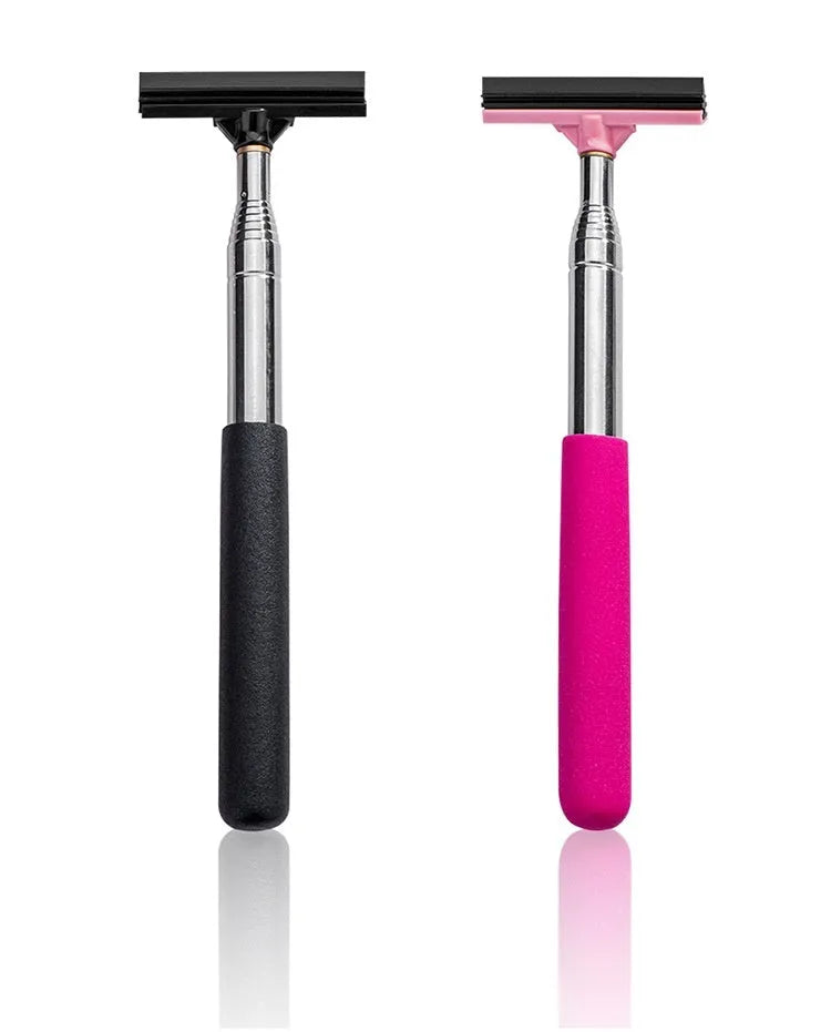 Multi-function telescopic rearview mirror wiper in black, folded at 22cm, with ABS handle and stainless steel shaft