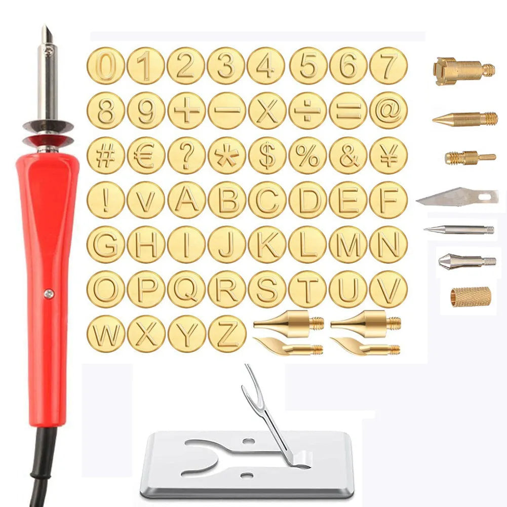 65-piece carving soldering iron kit with 28 letters, 28 numbers, 7 carving heads, bracket and 30W AC rubber-handle iron