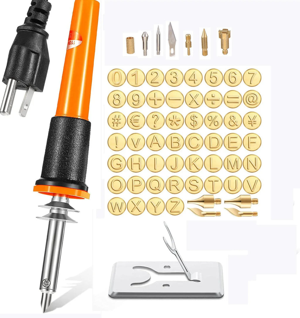 65-piece carving soldering iron kit with 28 letters, 28 numbers, 7 carving heads, bracket and 30W AC rubber-handle iron