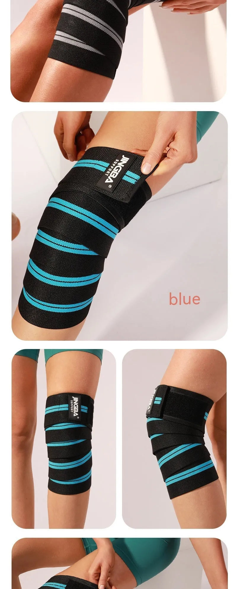 Adjustable free size sports knee pads in blue, grey, red and yellow colours for weightlifting and cycling protection
