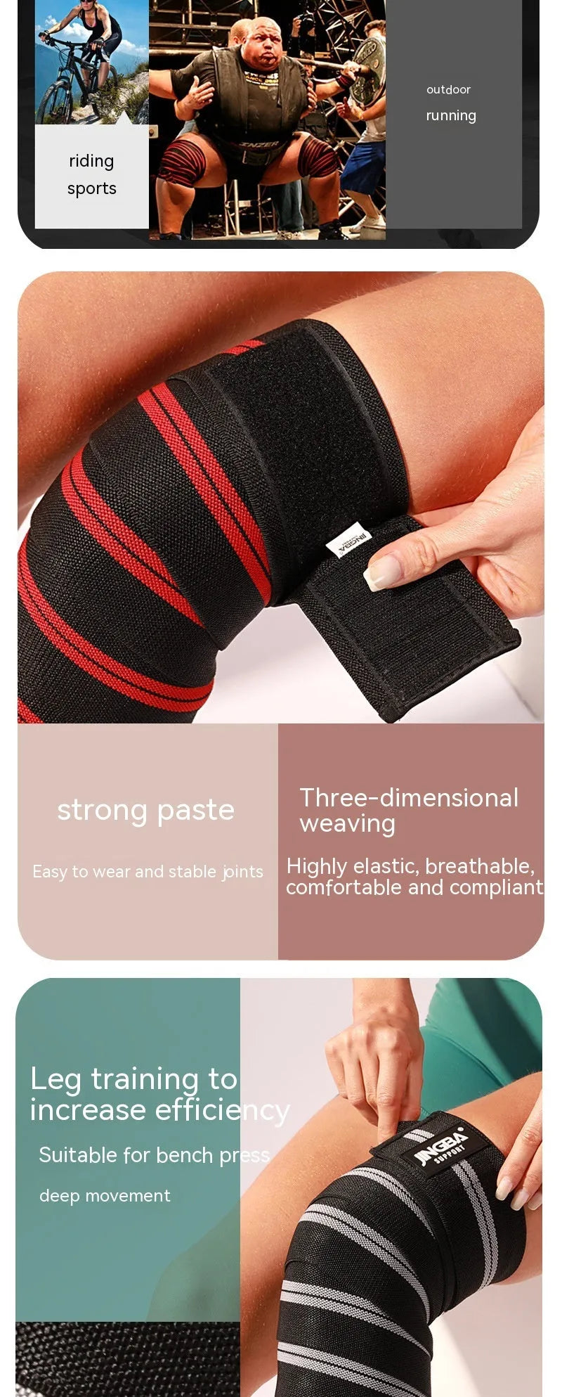 Adjustable free size sports knee pads in blue, grey, red and yellow colours for weightlifting and cycling protection
