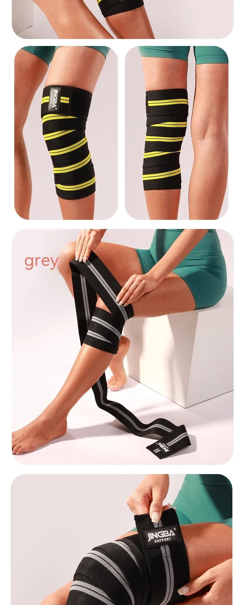 Adjustable free size sports knee pads in blue, grey, red and yellow colours for weightlifting and cycling protection