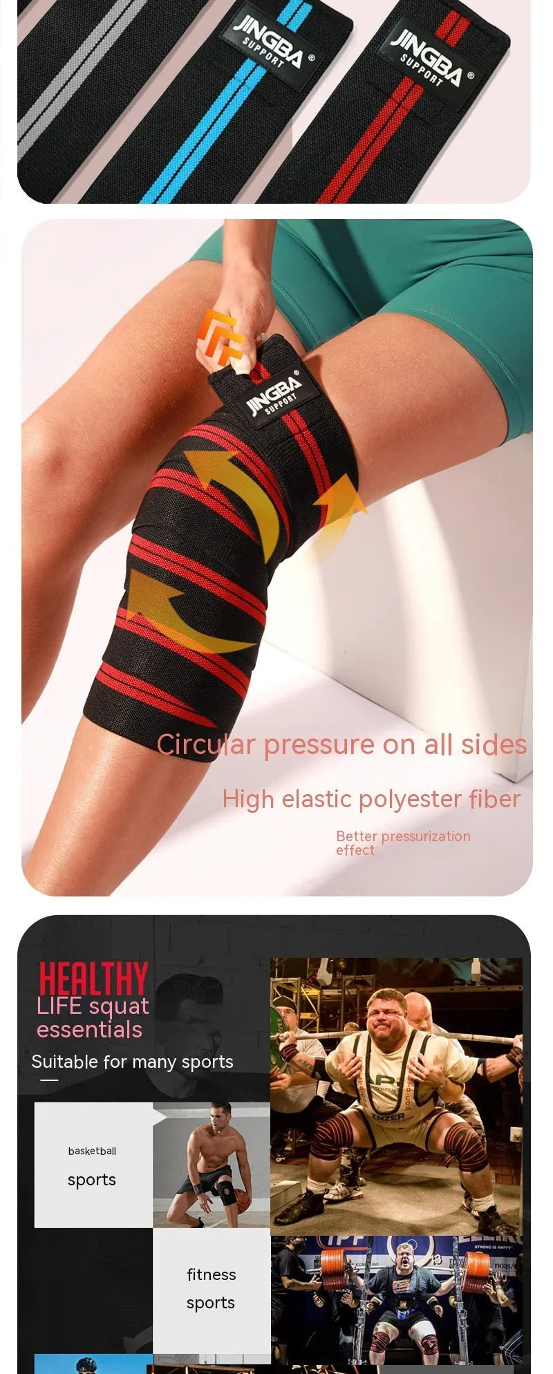 Adjustable free size sports knee pads in blue, grey, red and yellow colours for weightlifting and cycling protection
