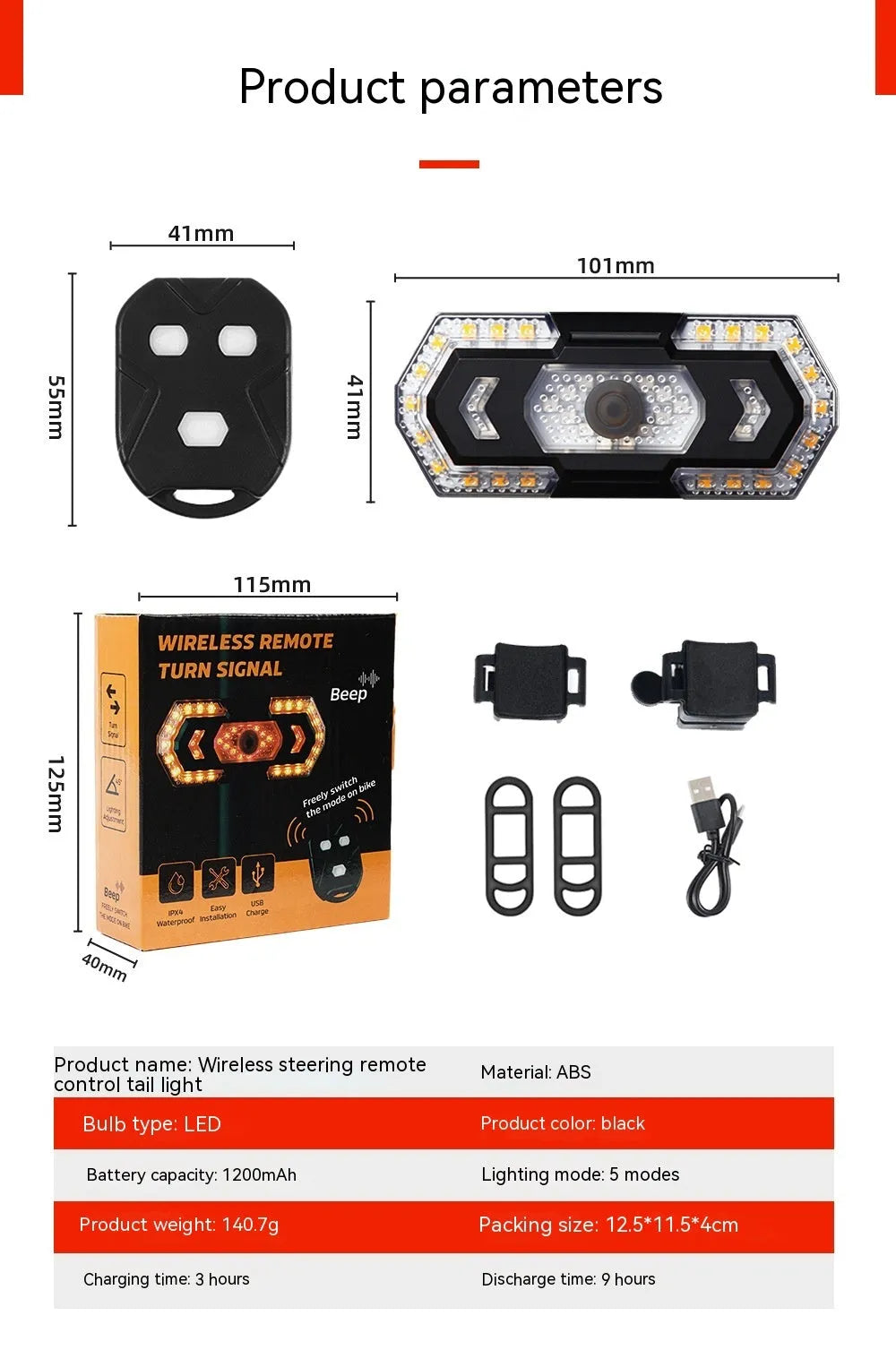 Black wireless remote control LED bicycle taillight with USB charging port