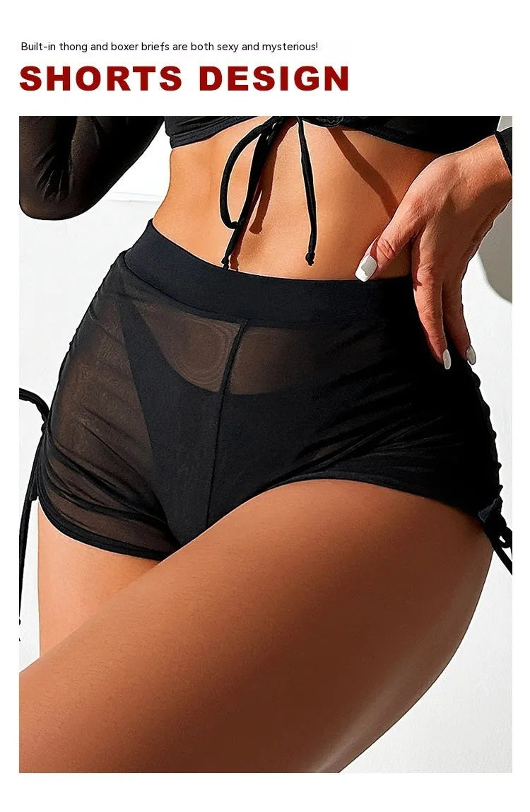 Black mesh long sleeve women's bikini swimsuit set four-piece design for swimming sports
