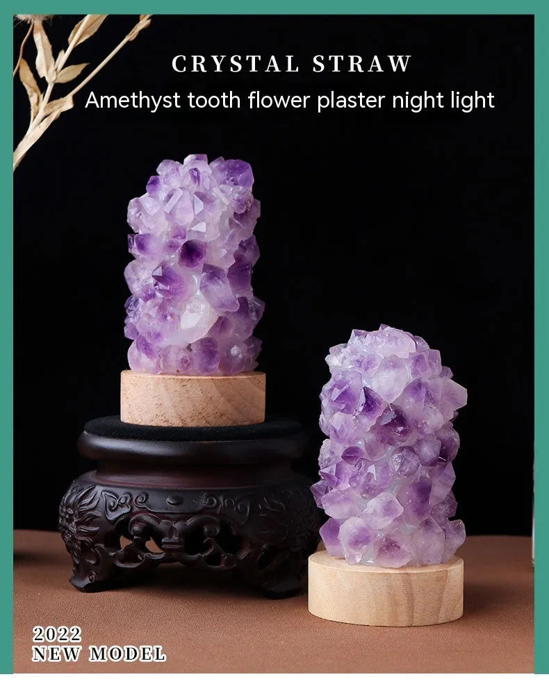 Amethyst crystal tooth flower USB night light with warm and cool white light settings