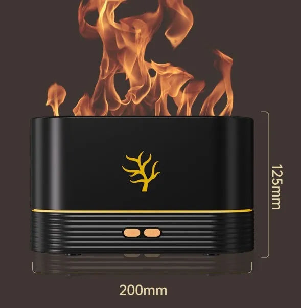 Square black or white USB flame humidifier and aroma diffuser with glowing LED fire effect.