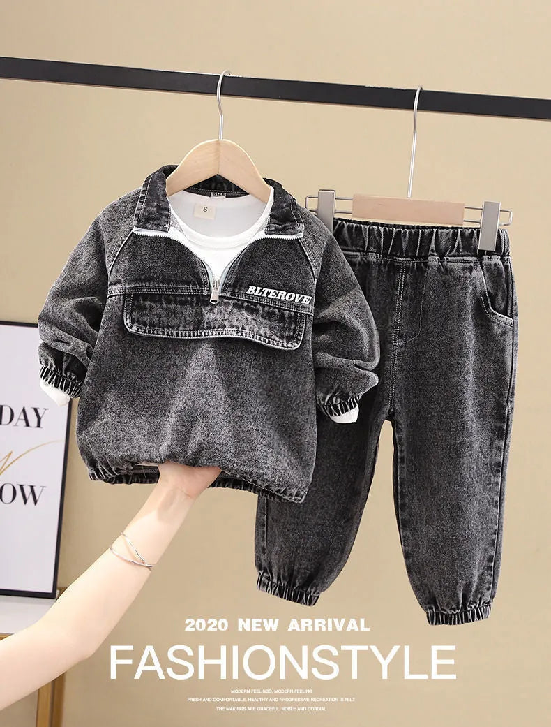 Boys' black and blue denim two-piece suit set with long sleeves in Korean style