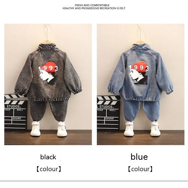 Boys' black and blue denim two-piece suit set with long sleeves in Korean style