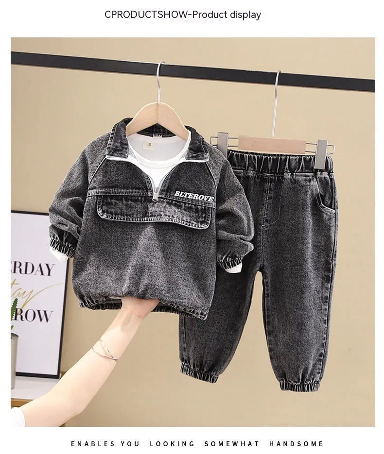Boys' black and blue denim two-piece suit set with long sleeves in Korean style