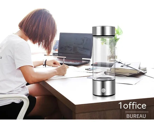 Silver hydrogen water generator bottle with borosilicate glass construction and rechargeable technology
